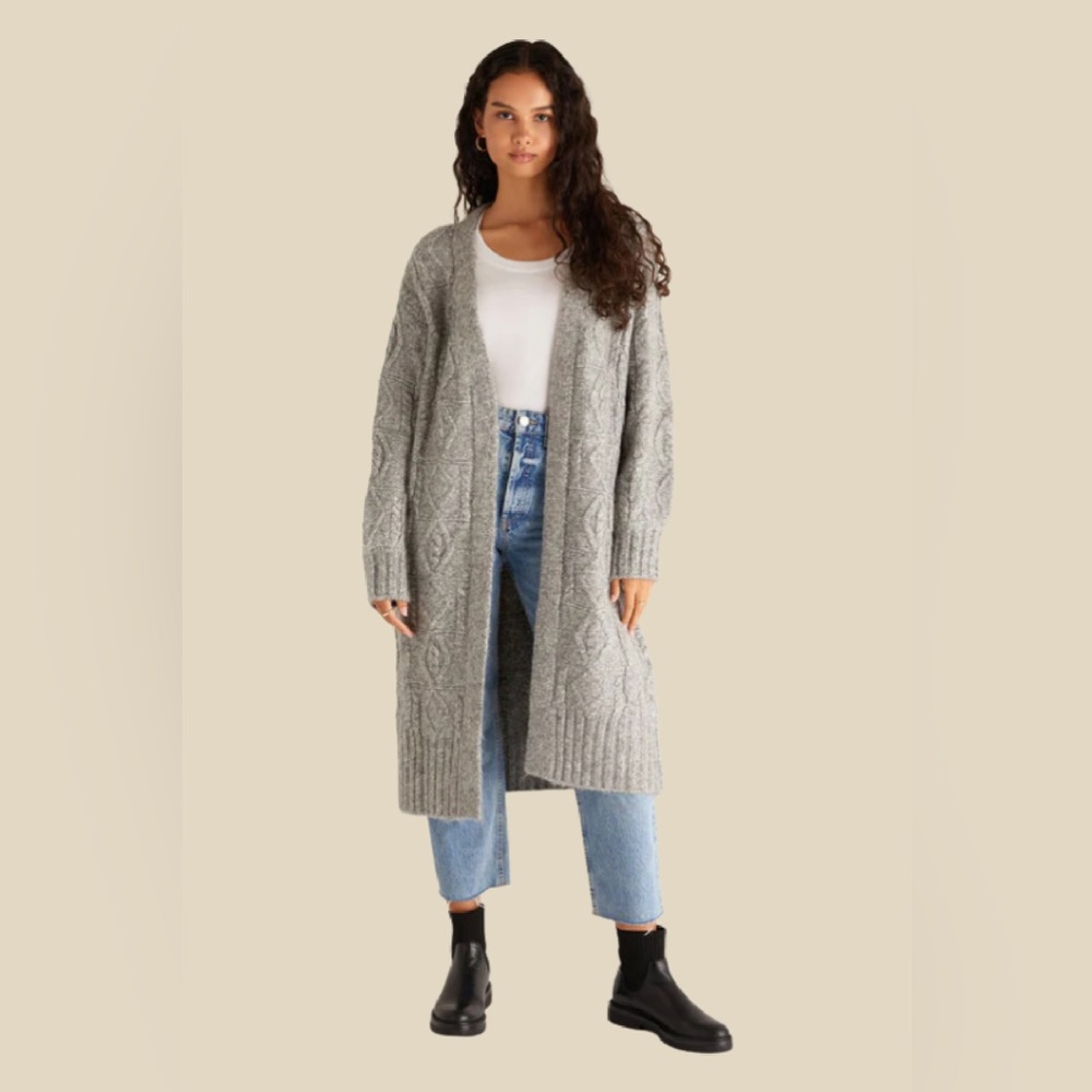 Z Supply Kai Long Open Front Cable Knit Cardigan Heather Gray Size M